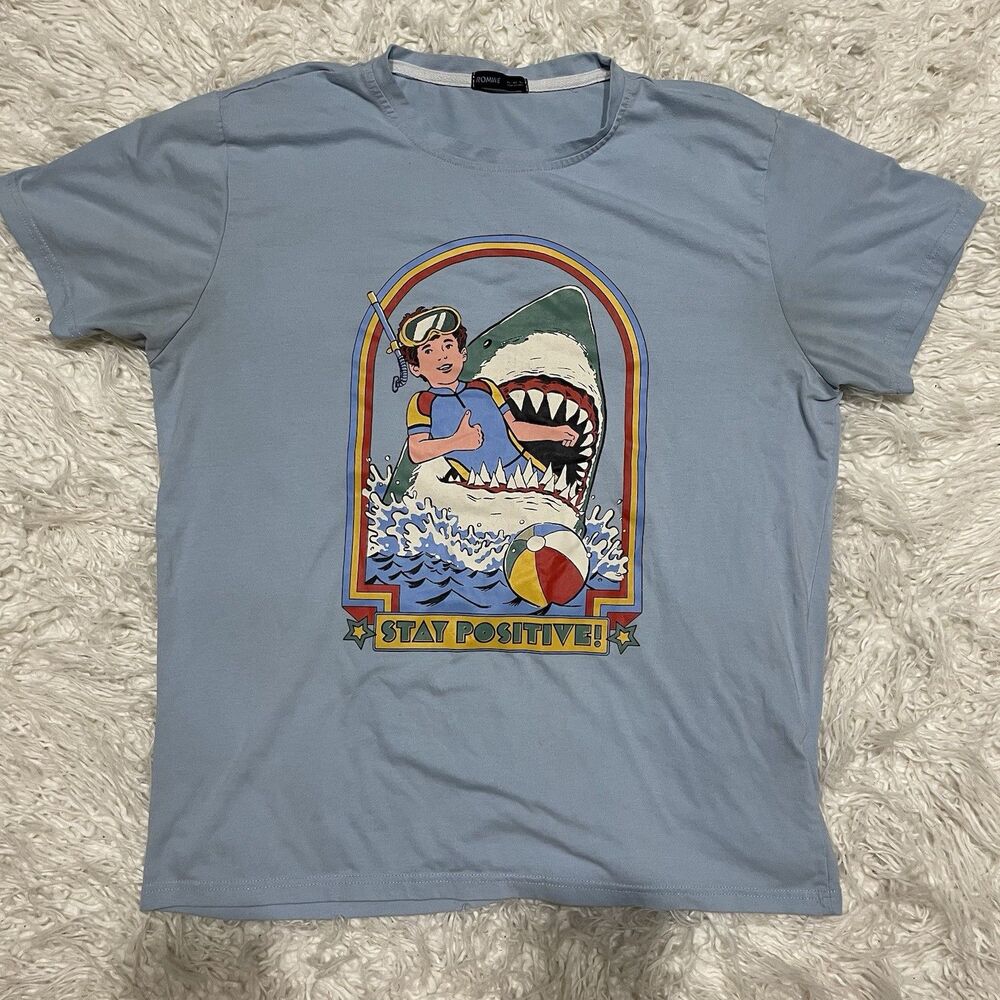 Stay Positive Comics Print Shark T-Shirt Light Blue Size XL ROMWE
